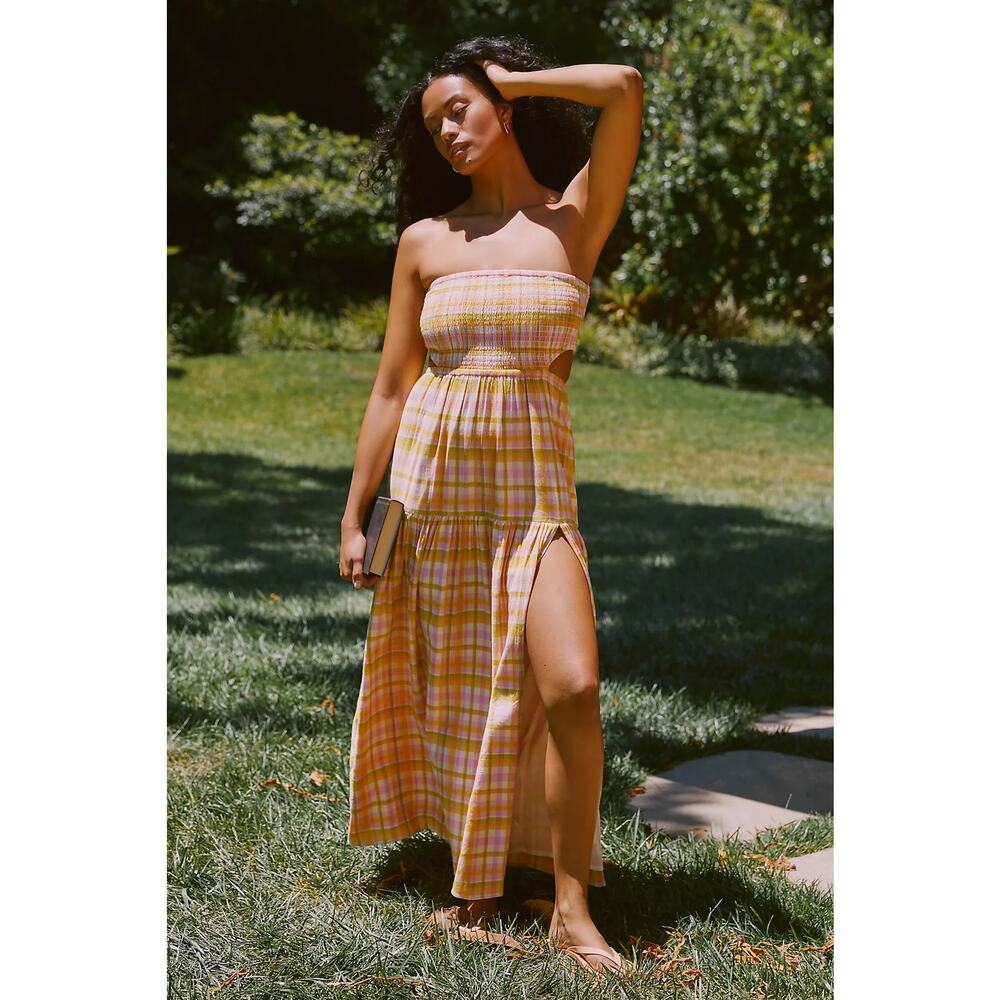Anthropologie LSpace Tina Strapless Smocked Cutout Plaid Maxi Dress XL NWT